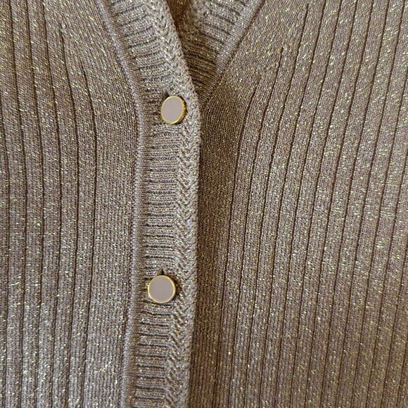 Talbots gold metallic ribbed vneck cardigan sweater m - Picture 9 of 10